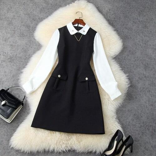 Womens American European and wear 2021 winter new style Black and white collars with long sleeves Fashionable dress