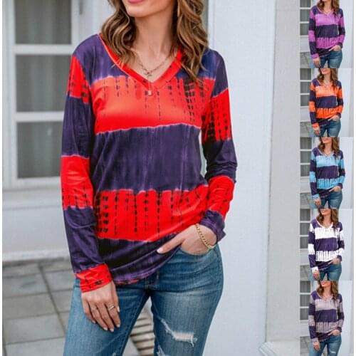 Long Sleeve Loose Casual Women T-shirt Autumn Winter V-neck Patchwork Floral Print Streetwear Fashion Ladies Tops Pullovers Tee