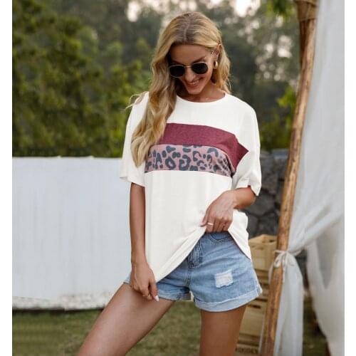 Women Fashion Sexy Tops Short Sleeve Loose Shirt Leopard Splice V-neck T-shirts Casual Soft Tees Female harajuku mujer camisetas