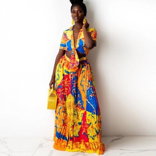 2 Pieces Sexy Summer Fashion Women Set 2021 Female Floral Print Short Sleeve Shirt Tops And High Waist Pleated Long Skirt Suit