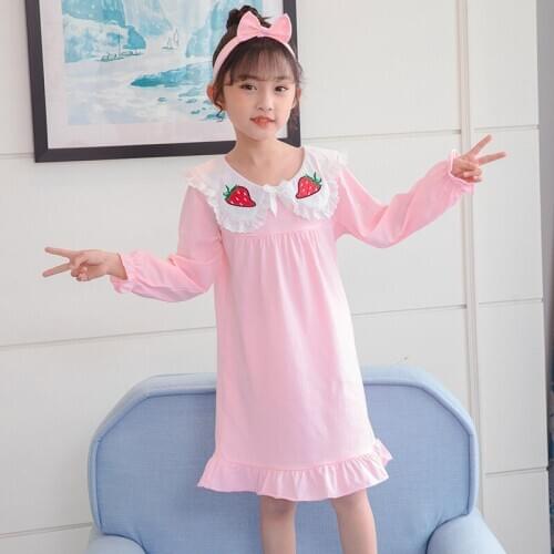 2021 With Hair Hoop 4-16 Years Kids Nightdress Cotton Childrens Home Wear Nightdress Girl Kids Pajamas Dresses For Girl Print