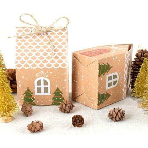 5Pc House Shape Christmas Gift Box Paper Christmas Tree Printed Christmas Candy Cookie Box Bag Christmas Party Favors Home Decor