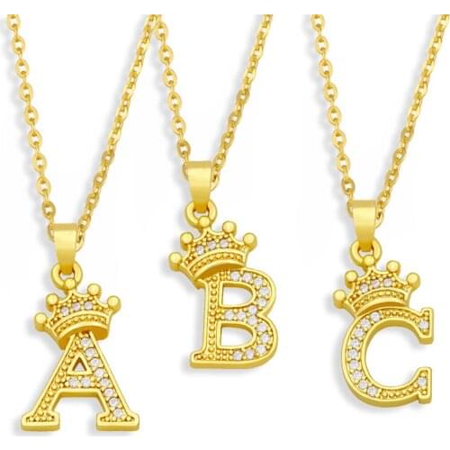 FLOLA Gold Chain High Quality Crown Letter Pendant Necklace For Women Cubic Zirconia Charm Letter Necklace Jewelry Gift nkev71