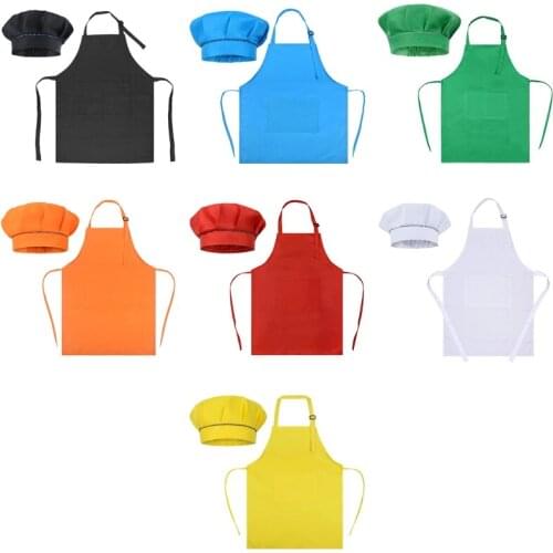 Children Kids Chef Costume Kitchen Mushroom Hat and Apron Set Solid Color Adjustable Bib with Pocket for Cooking Baking