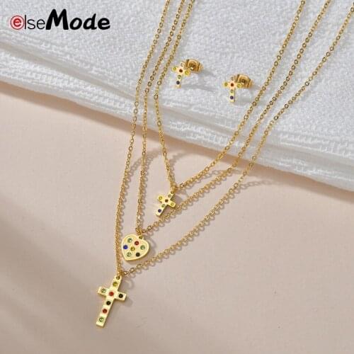 ELSEMODE Romantic CZ Stone Heart Cross Pendant Women Jewelry Set Stainless Steel Earring Necklace Wedding Gifts Engagement Gifts