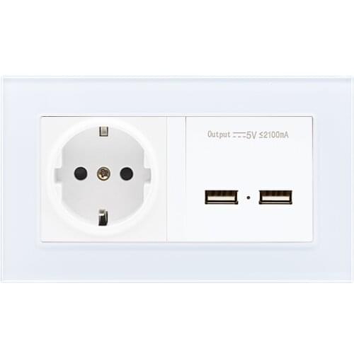European Standard German Socket with USB Charging Tempered Glass Panel Wall Electrical Sockets 16A EU Outlet