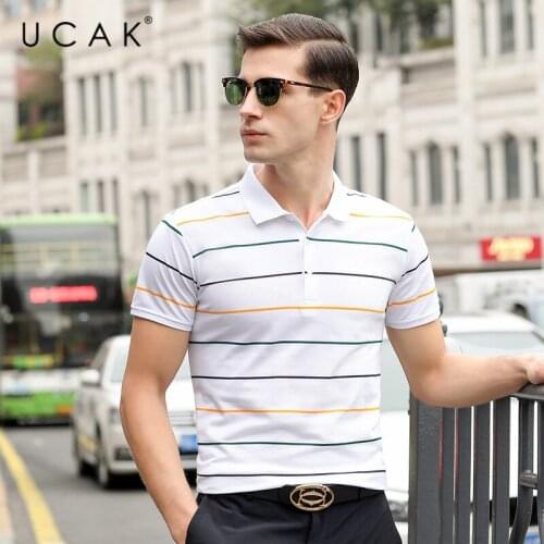 UCAK Brand Streetwear Short Sleeve Striped T-Shirts Men Clothing Summer New Tops Turn-Down Collar Casual T Shirt Homme U5400