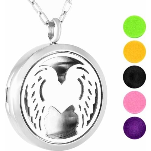 IJP0179 Stainless Steel Perfume Locket Aromatherapy Pendant Essential Oil Diffuser Necklace Angle Heart Wings