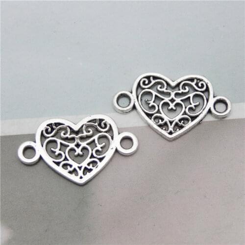 Julie Wang 20PCS Hollow Heart Shape Connector Antique Silver Color Alloy Bracelet Pendant Jewelry Making Metal Accessory