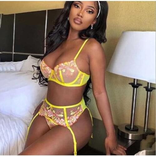 Yellow embroidered flower garter belt sexy lingerie panty three-piece beautiful Intimates bra set female bra & brief sets