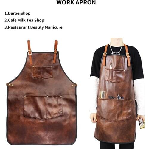 Unisex Leather Barbershop Cafe Milk Tea Shop Restaurant Beauty Manicure Work Apron With Tool Pockets Cooking Baking Chef Apron