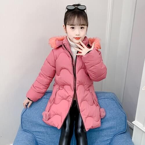 Jacket For Girls Winter Fur Coat Thick Hand-Stuffed Cotton Mid-Length Wave Warm Teenager Cotton Clothes Solid Color Kids Clothes