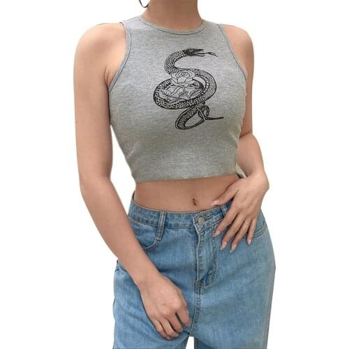 Casual Snake Rose Printed Tank Top Streetwear Sleeveless Summer Top Women Clothes Vest Hot Sale Festival Cropped Tops