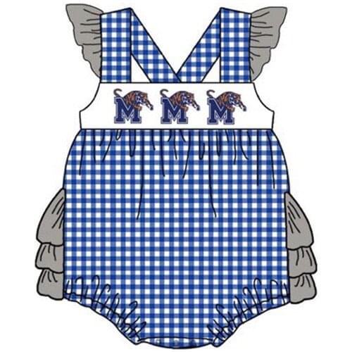 Fashionable Pure Cotton Baby Girl Romper Small Fly Sleeve Blue Check With Embroidered Girl Triangle Climbing Suit