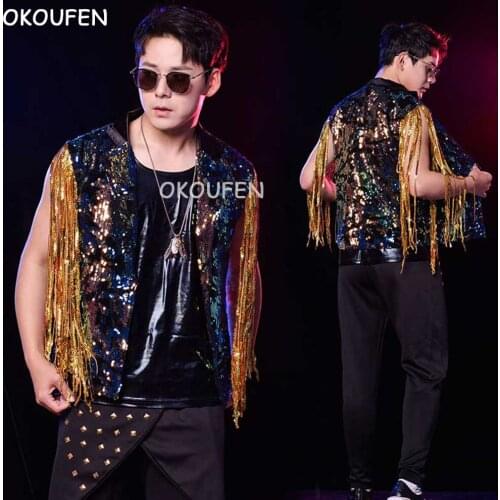 Nightclub Bar Male Singer Dancer Performance Costume Fashion Tassel sequins Vest Party show Stage outfit