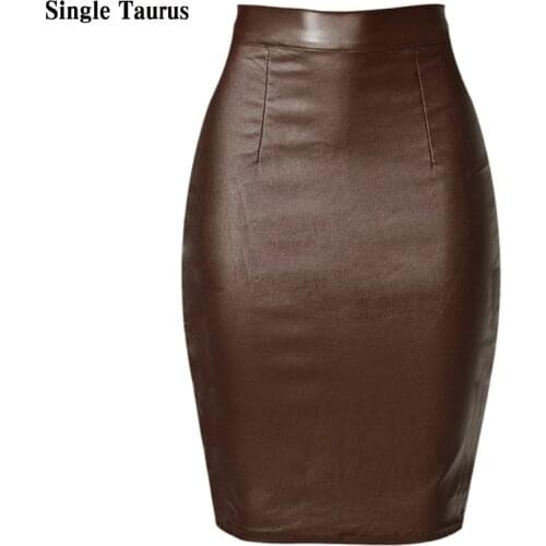 Newest High Waist Leather Skirts Women Summer Cotton Coated Denim Saia Feminina Fashion Push Up Knee-length Brown Faldas Mujer