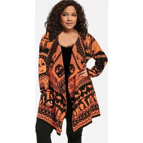 Autumn Winter Sweater Cardigan Jacket Women Lapel Skull Medium Length Knit Coats Ladies Long Sleeve Buttonless Sweater Outerwear