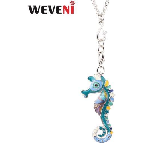 WEVENI Statement Alloy Hippocampus Sea Horse Necklace Pendant Enamel Chain Collar Seaside Travel Souvenir New Jewelry For Women
