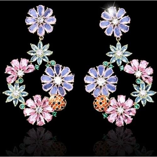 Europe and America Luxury Flower Cluster Ladybug Earrings For Women Colorful Cubic Zirconia Jewelry Garden Series Sweet Earring