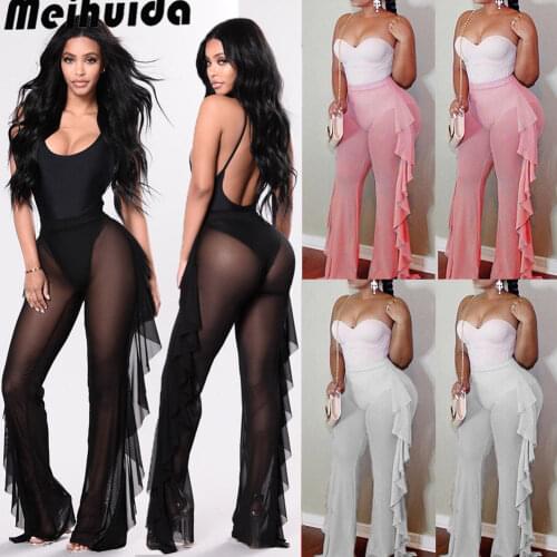 Sexy Women Beach Mesh Chiffon Ruffles Sheer Wide Leg Pants Loose Bikini Cover-Ups See Through High Waist Flared Trouser