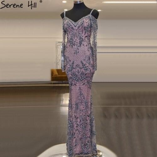 Serene Hill Grey Pink Beaded Mermaid Evening Dresses Gowns 2021 Luxury Elegant Sexy For Women Party LA71279
