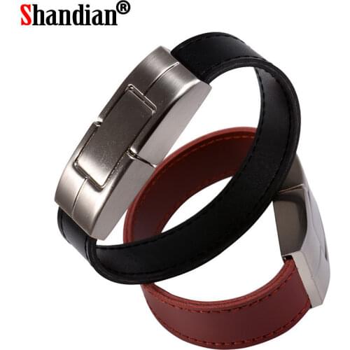 SHANDIAN USB flash drive 64gb Leather metal keyring Pendrive creativo 32gb 16gb 8gb 4gb usb2.0 Wrist band