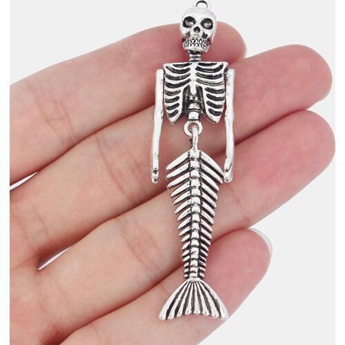 4PCS Large Mermaid Skeleton Fish Skull Charms Pendants for Necklace Making Jewelry Findings 73x18mm