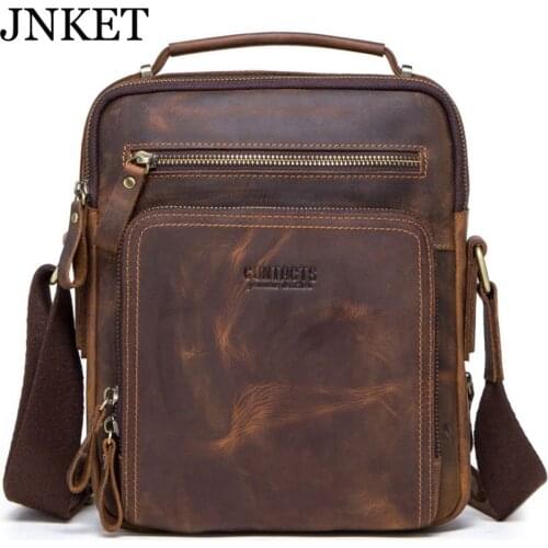 JNKET New Retro Cow Leather Mens Shoulder Bag Leisure Sling Bag Business Crossbody Bags Large Capacity Messenger Bag