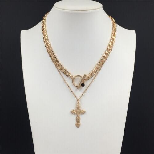 Bohemia Gold Color Plating Engraved Cross O T bar Enclosure Necklace For Women Girl Casual Gorgeous Party Jewelry Accessory