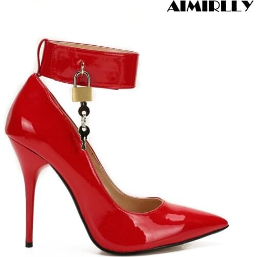 Womens Pointed Toe High Heels Pumps Ankle Strap With Lock Black Red Ladies Party Work Career Footwear Big Size US16 US17
