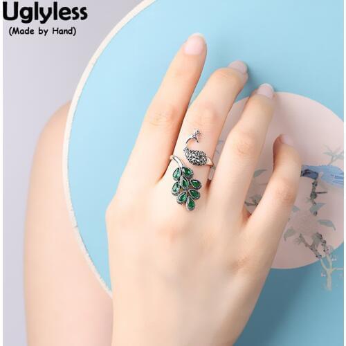 Uglyless Princess Peacock Green Crystals Earrings Women Personalized Wide Rings Exaggerated Statement Dress Jewelry 925 Silver