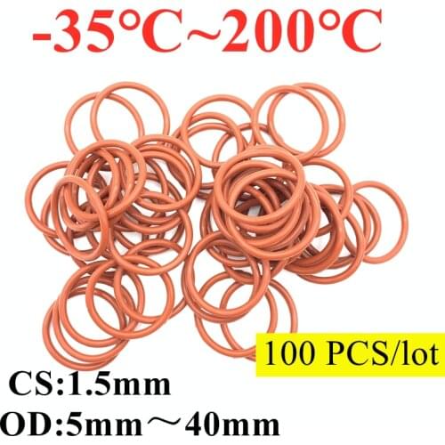 100pcs VMQ O Ring Seal Gasket Thickness CS 1.5mm OD 5 ~ 56mm Silicone Rubber Insulated Waterproof Washer Round Shape Nontoxi Red
