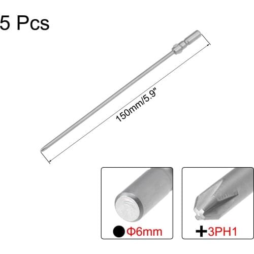 Uxcell 5pcs Phillips Bits 6mm Round Shank 150mm Length Cross 3PH1 Magnetic Screw Driver S2 Screwdriver Bit