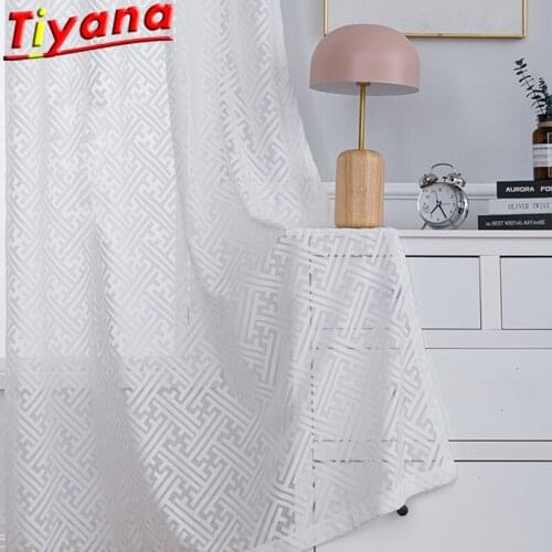 Jacquard White Geometry Curtains for Living Room Modern Maze Pattern Hollow Tulle for Bedroom #VT