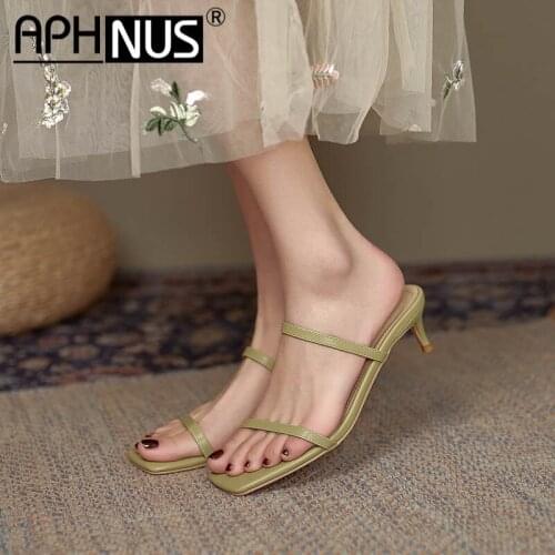 APHNUS Womens Sandals Leather Slippers Slides Mid High Heels Pumps Woman 2021 Shoes For Women New Open Toe