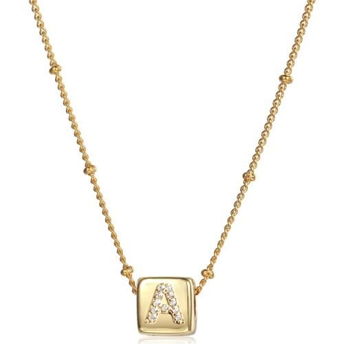 Mini Square Initial Letter Pendant Necklace for Women Dice Cube CZ Name Gold Charm Choker Satellite Chain Length Adjustabe DN205