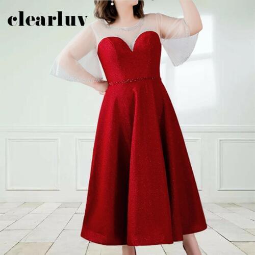 Plus Size A-Line Evening Dress DR1076 Shining Crystal Vestidos De Fiesta Ankle-Length Women Party Dresses Burgundy Formal Gowns
