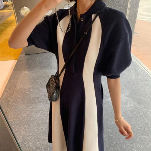 South Korea Women Vintage Dress Robe Femme Summer Puff Sleeve V-Neck Solid Color Elegant Party Casual Office Midi Dress