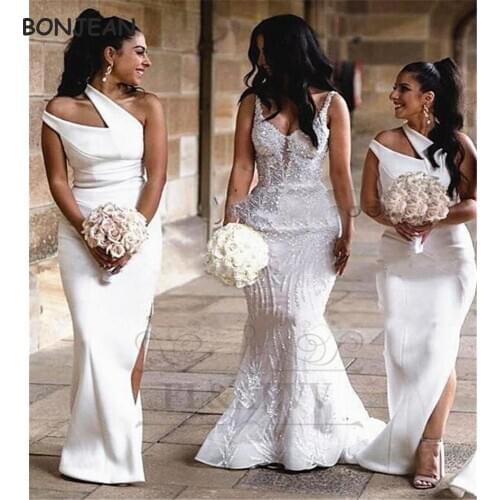 2021 White Bridesmaid Dresses Mermaid Black Gilrs Elastic Satin One Shoulder Floor Length Split Side African Bridesmaid Dress