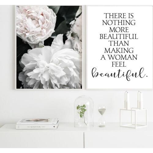 White Peony Flower Print Rose Floral Bedroom Wall Art Canvas Painting Woman Beautiful Quote Poster Beauty Salon Wall Decor