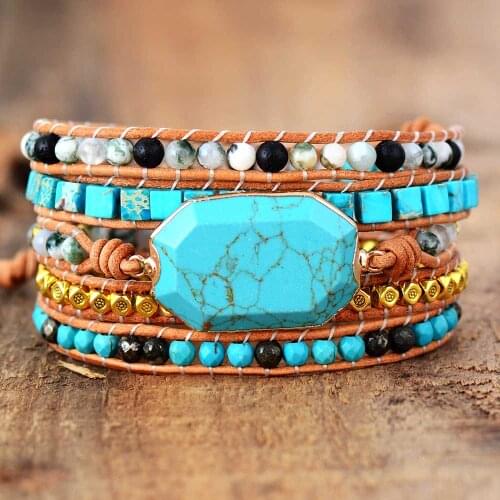 Exclusive Beaded Wrap Bracelets Boho Natural Stone Tibetan Beads Leather Wrap Bracelet Statement Cuff Bangles Bracelets Gifts