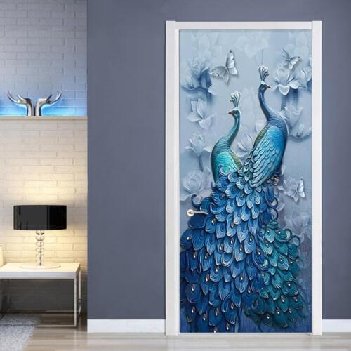 European Style Door Sticker 3D Relief Blue Peacock Wallpaper Modern Oil Painting Wall Decals Living Room PVC Home Door Stickers