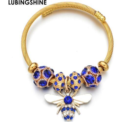 Exquisite Zircon Bee Pendant Stainless Steel Bracelets Bangle Crystal Ball Gold Color Open Adjustable Bracelet Jewelry for Women