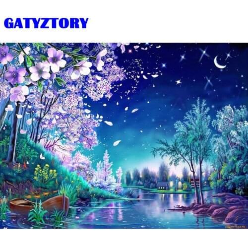 GATYZTORY Oil Painting Sakura Scenery Handpainted Home Decoration Pictures By Number Night Drawing Canvas Wall Art Gift 40x50cm