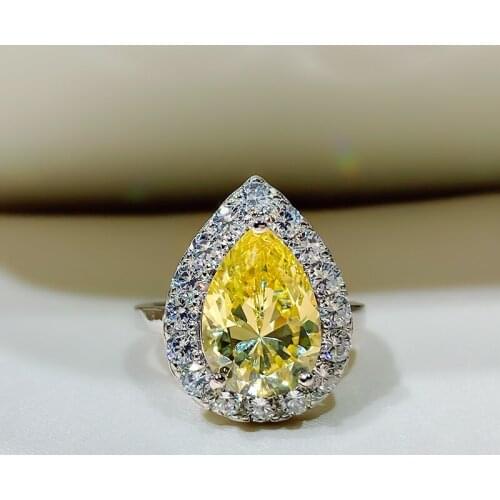 Luxury 100% 925 Sterling 7*10MM 3CT Pear Cut Citrine Gemstone Rings For Women Fine Fashion Jewelry