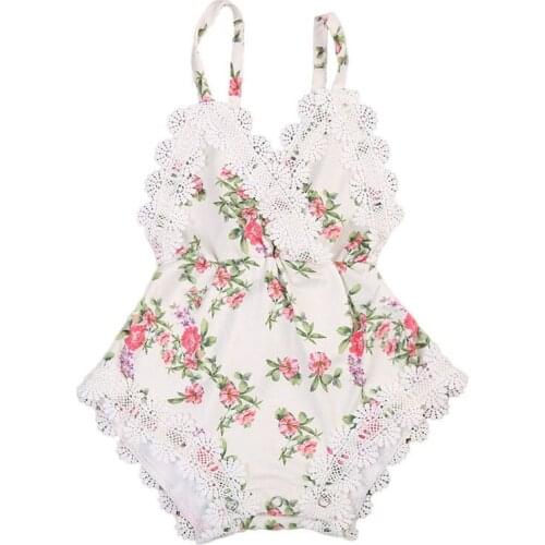 Newborn Kids Baby Girls Clothes Floral Back Cross Romper Outfits Lace V-Neck Jumpsuit Romper Playsuit