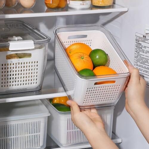Storage Box Refrigerator Keep Fresh Kitchen Vegetable Fruit Drain Crisper Multifunctional Plastic Basket Container with Lip