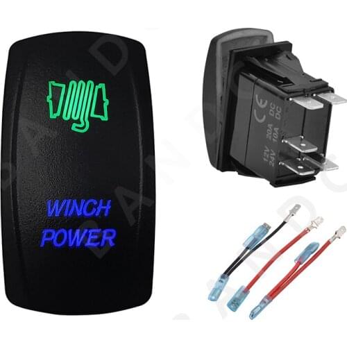 WINCH POWER Rocker Switch 5P ON-OFF SPST Laser Etched Illuminated Green&Blue Led for Car Boat Marine ARB RV Bus UTV，Jumper Wire