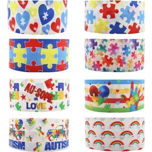 Q&N ribbon 16/ 22/ 25/ 38/ 50/75mm Jigsaw Puzzle Cartoon Printed Grosgrain/FOE Ribbon Wedding Accessories DIY Handmade Material