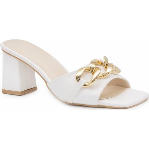 Gedikpasalı Bno 080 White 2021 Summer Season Women 'S Slippers Low Square Heel Patent Leather Evening Dresses Business Party Chain Buckle Elegant